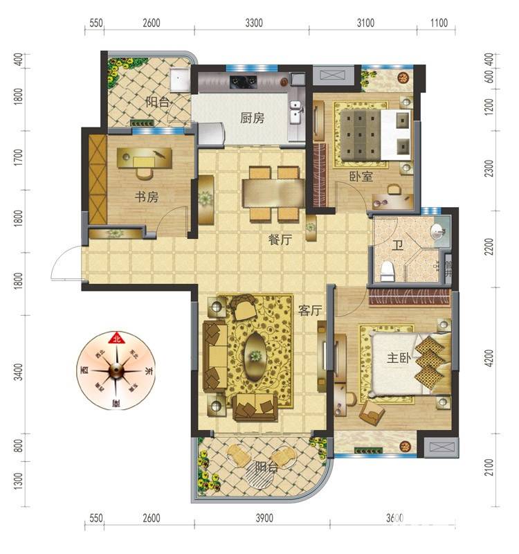 碧桂园生态城3室2厅1卫114㎡户型图