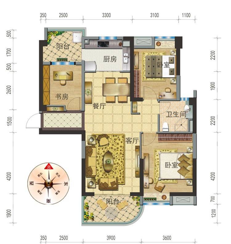 碧桂园生态城3室2厅1卫119㎡户型图