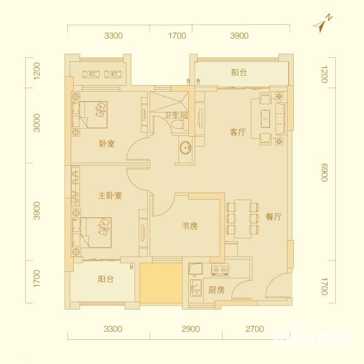 星悦城3室2厅1卫95㎡户型图