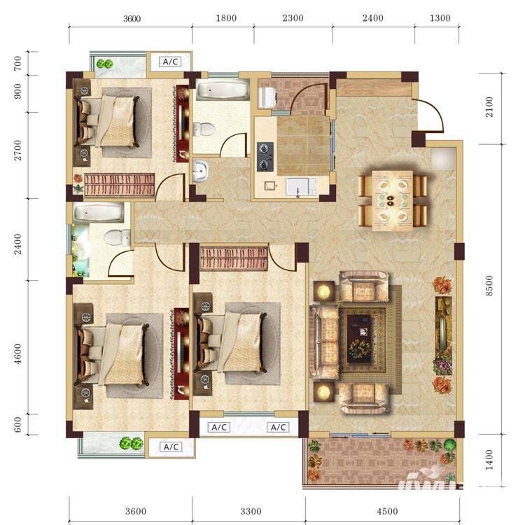 中建龙城3室2厅2卫139.5㎡户型图