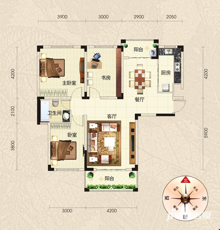 葛洲坝卡尔顿庄园3室2厅1卫115㎡户型图