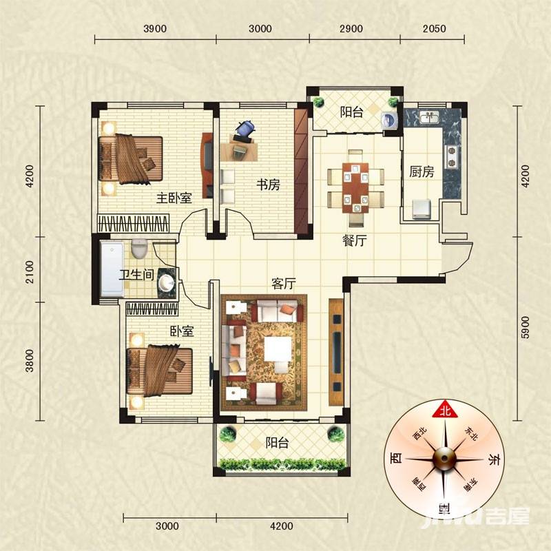 葛洲坝卡尔顿庄园3室2厅1卫115㎡户型图