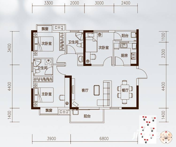 光谷坐标城九期3室2厅2卫109㎡户型图