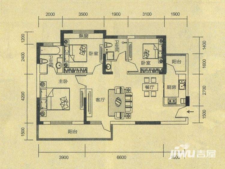 巢上城3室2厅2卫110㎡户型图