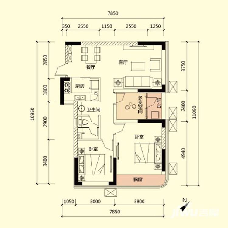 融科天城一期2室2厅1卫90㎡户型图