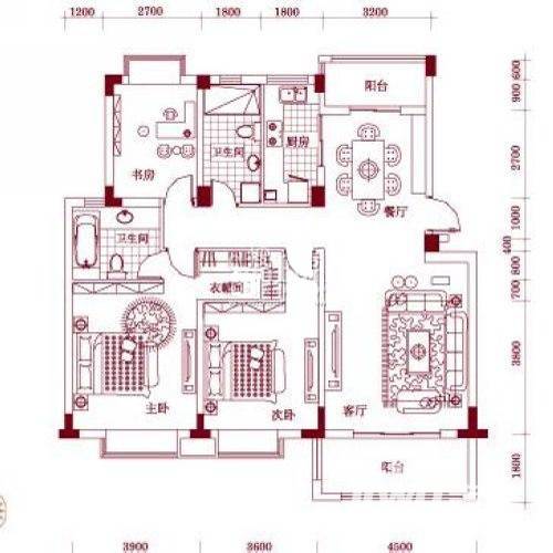 卧龙丽景湾三期3室2厅2卫130.6㎡户型图