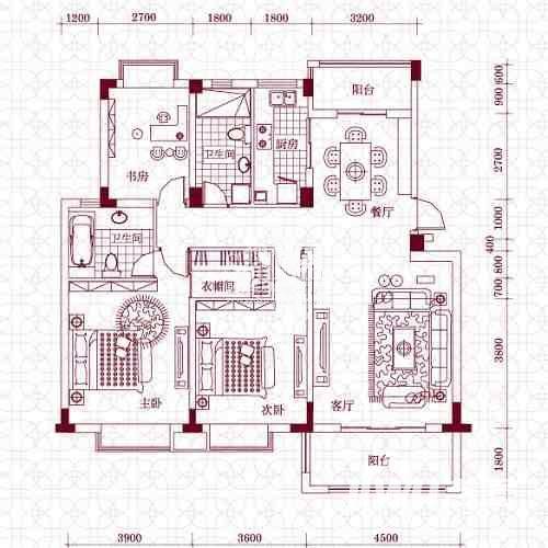 卧龙丽景湾三期3室2厅2卫130.6㎡户型图