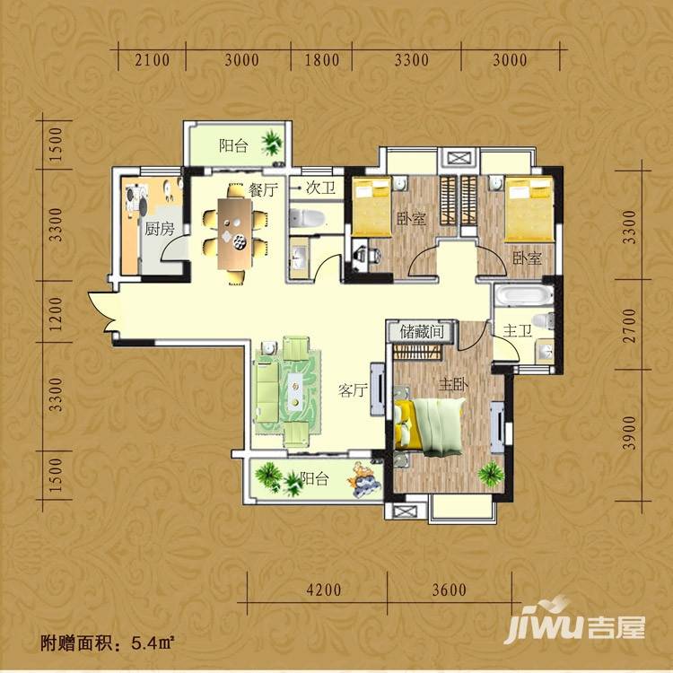 鸿发世纪城3室2厅2卫121.9㎡户型图