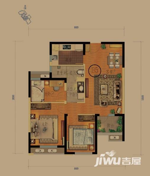 万科锦程3室2厅1卫116㎡户型图