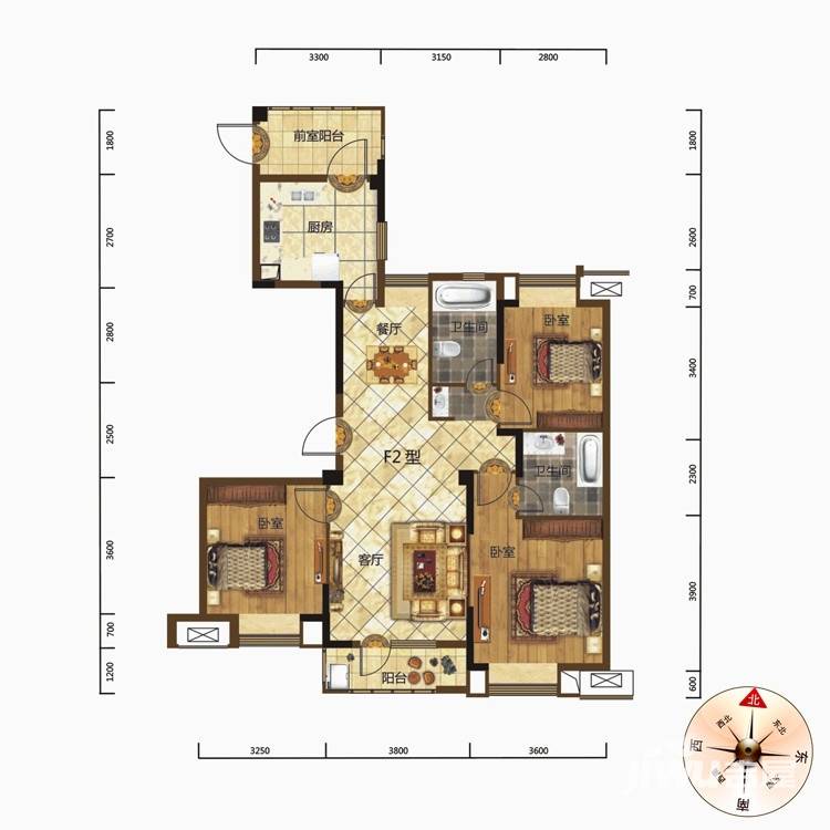 海昌天澜3室2厅2卫124㎡户型图