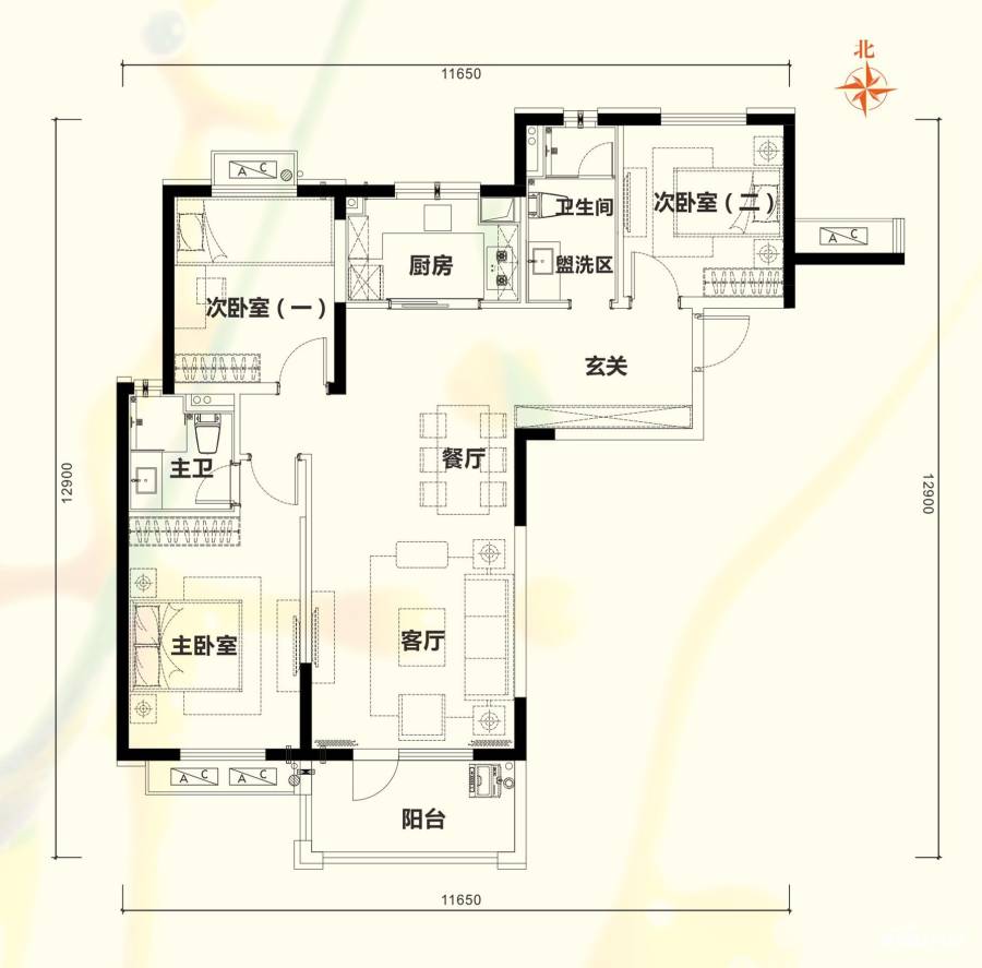 万科花山紫悦湾3室2厅2卫120㎡户型图