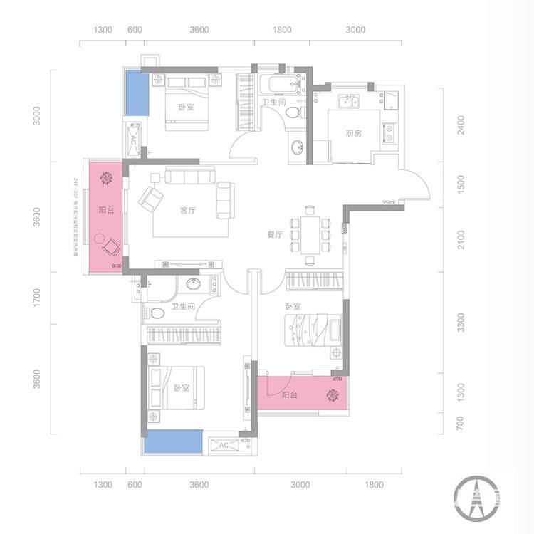 招商公园18723室2厅2卫110㎡户型图