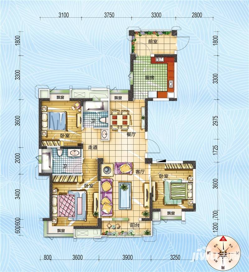 海昌天澜3室2厅2卫132.3㎡户型图