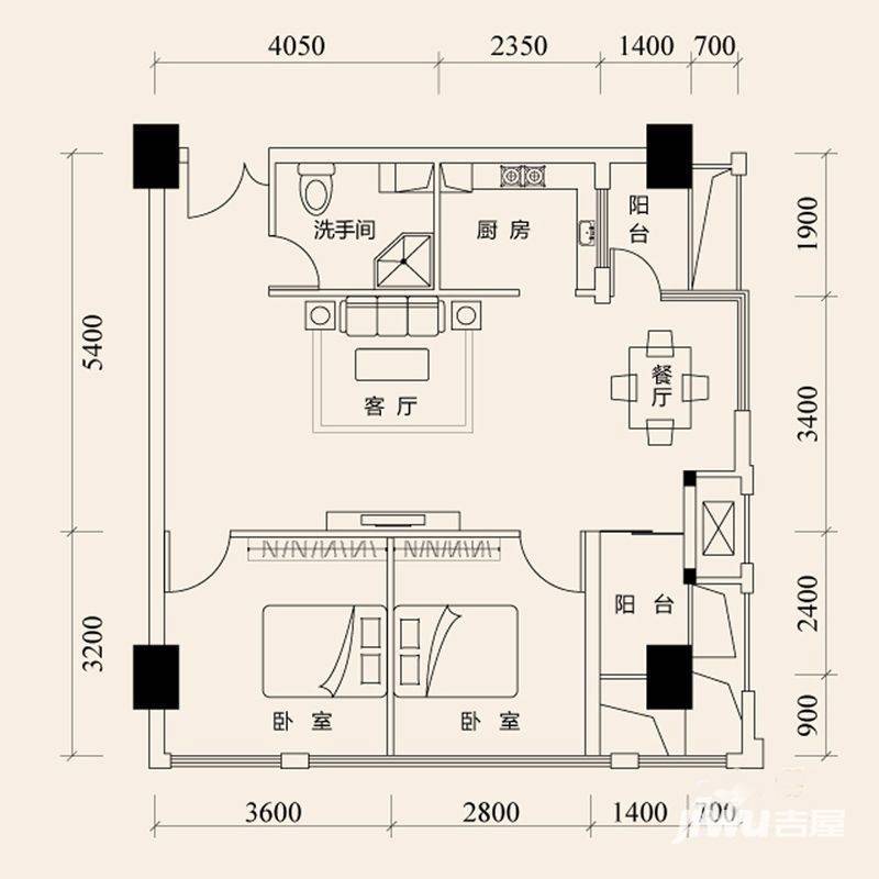 smart公寓2室1厅1卫98.2㎡户型图