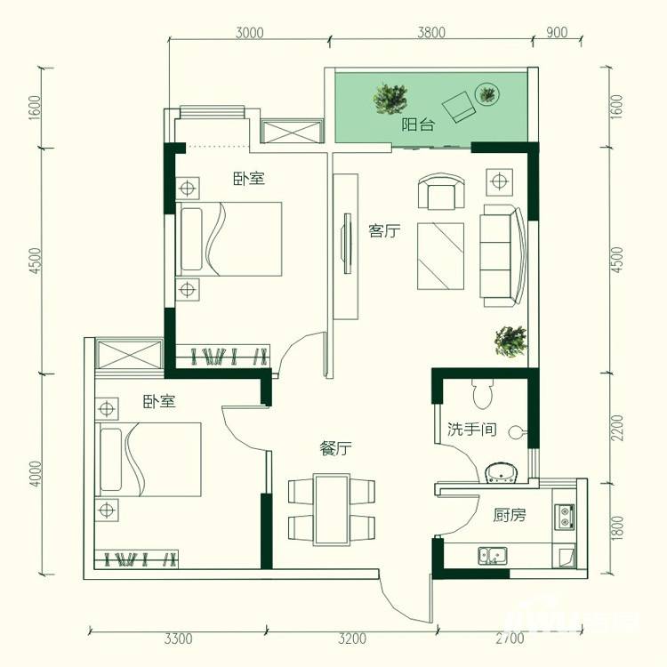 国立上品2室2厅1卫90㎡户型图