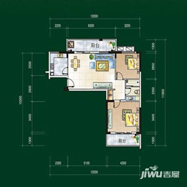 华天明珠花园张公苑2室2厅1卫96.8㎡户型图