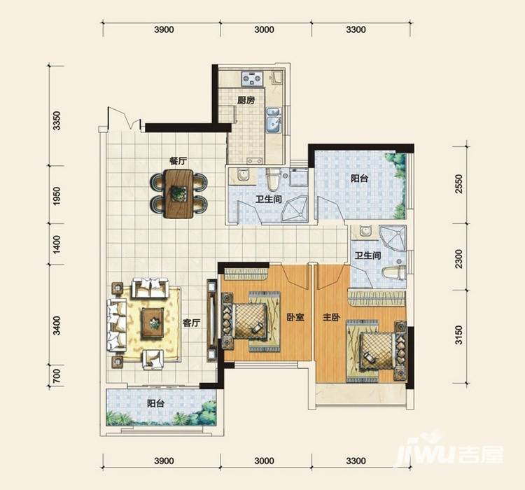 慧谷阳光国际公寓2室2厅2卫114㎡户型图