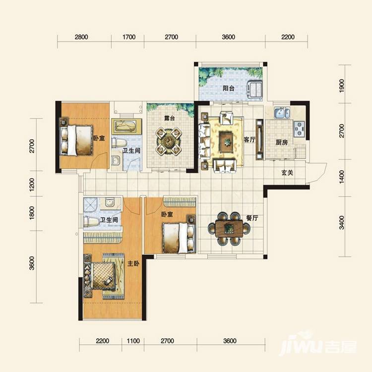 慧谷阳光国际公寓3室2厅1卫114㎡户型图