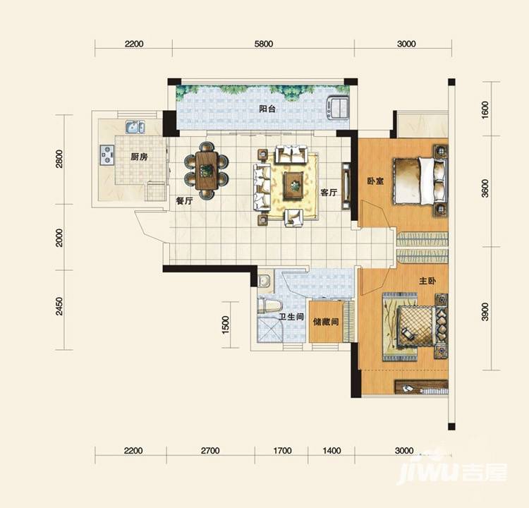 慧谷阳光国际公寓2室2厅1卫87㎡户型图