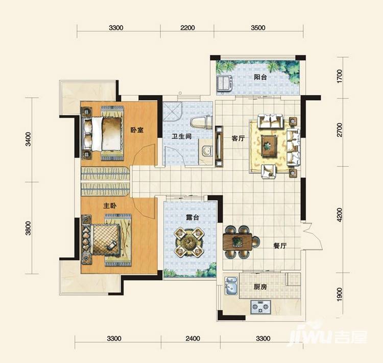 慧谷阳光国际公寓2室2厅1卫86㎡户型图