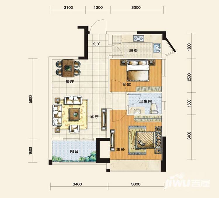 慧谷阳光国际公寓2室2厅1卫72㎡户型图