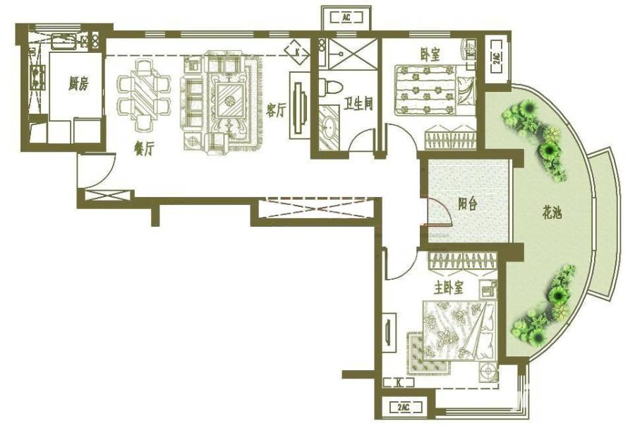 万科高尔夫城市花园2室2厅1卫89㎡户型图