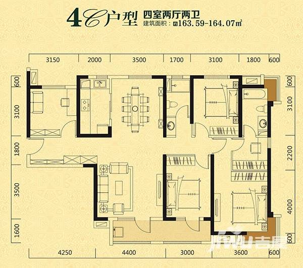 揽胜公园4室2厅2卫164㎡户型图