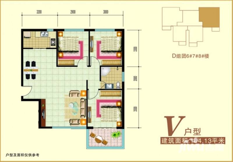 禧福泛海时代3室1厅1卫104.1㎡户型图