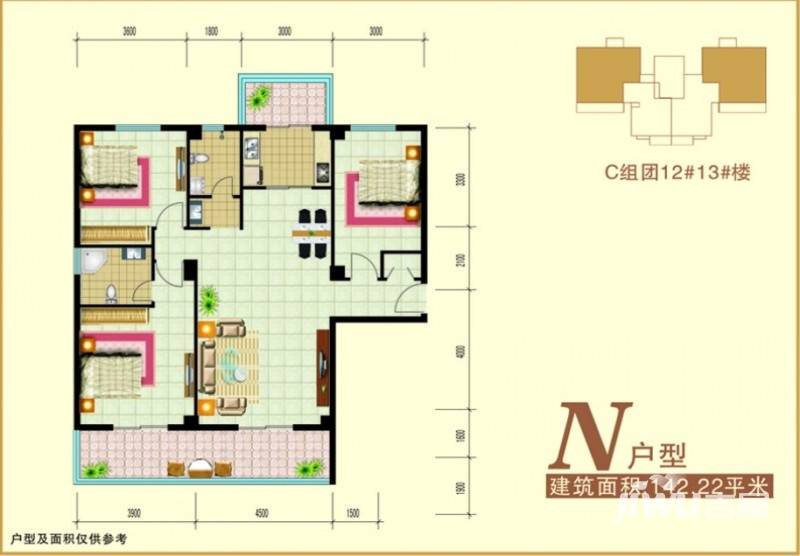 禧福泛海时代3室1厅2卫142.2㎡户型图