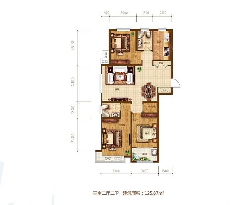 龙岸清华3室2厅2卫125.9㎡户型图