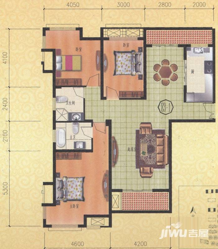 金通桂园3室2厅2卫135㎡户型图