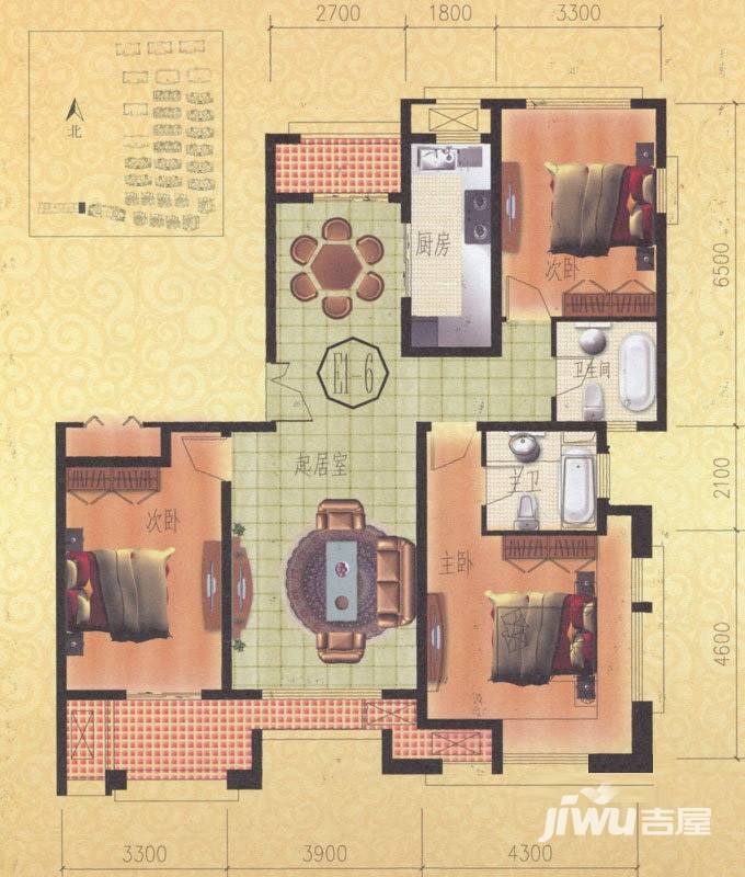 金通桂园3室2厅2卫131㎡户型图