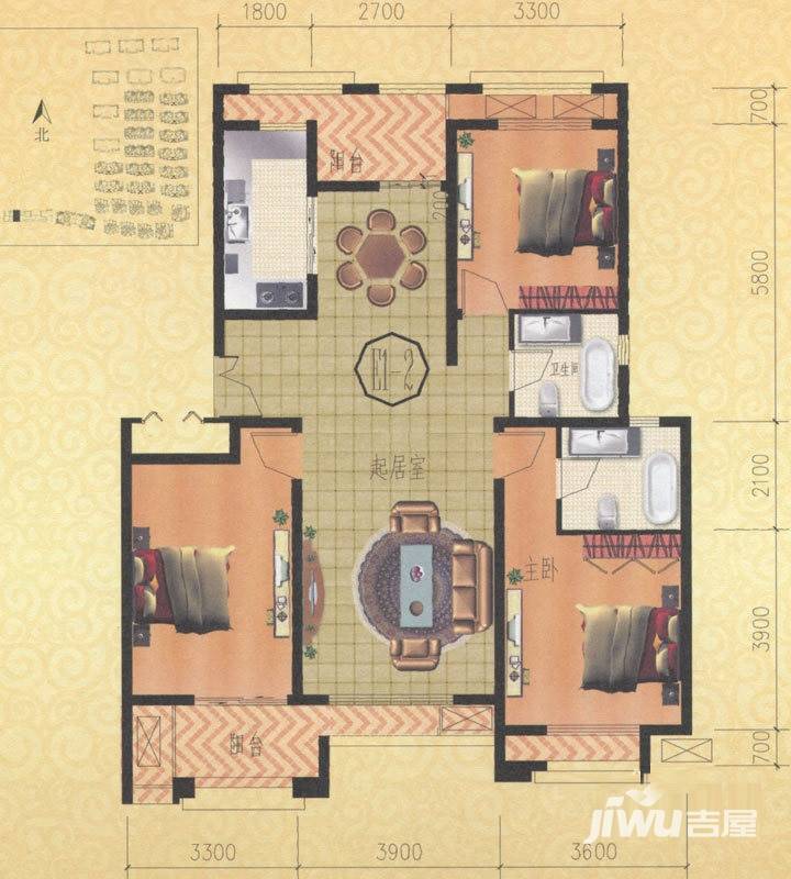 金通桂园3室2厅2卫123㎡户型图