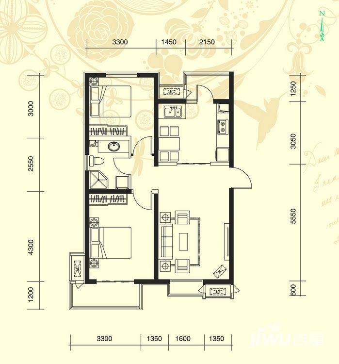 滨海智谛山2室2厅1卫96.4㎡户型图