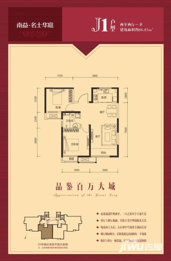 南益名士华庭普通住宅88.8㎡户型图