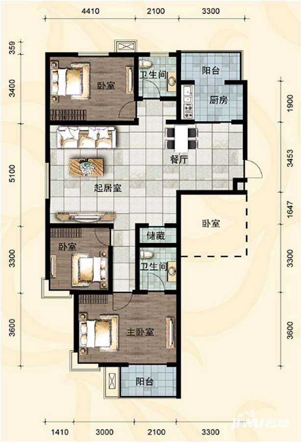 峰尚花园3室2厅2卫151.3㎡户型图