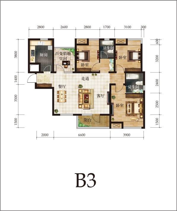 景瑞阳光尚城3室2厅2卫户型图