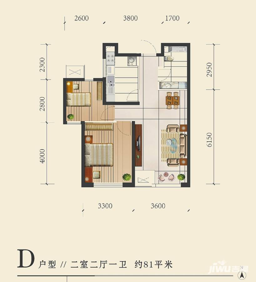 龙跃财富公馆2室2厅1卫81㎡户型图