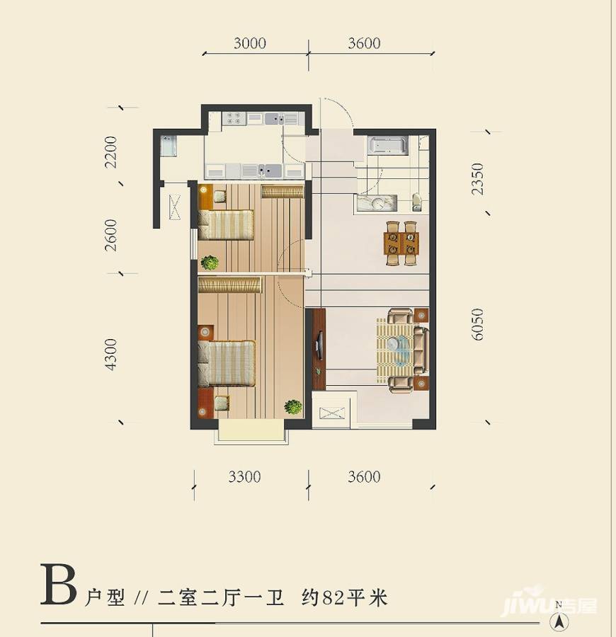 龙跃财富公馆2室2厅1卫82㎡户型图