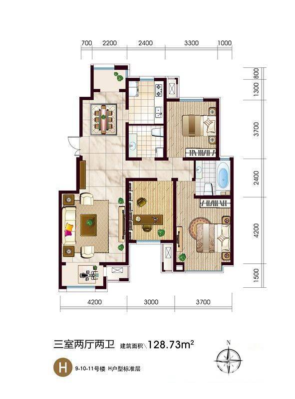 澜湾半岛3室2厅1卫128.7㎡户型图