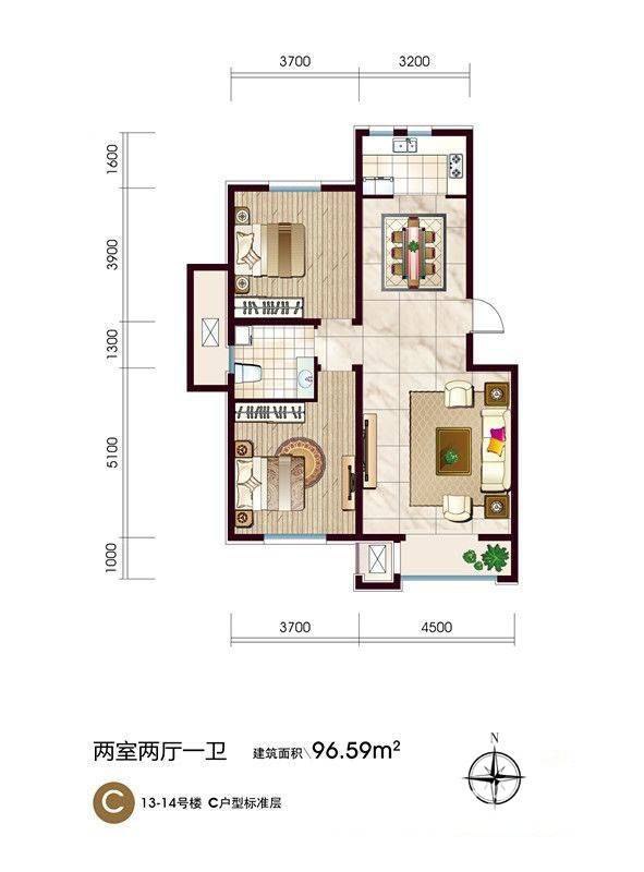 澜湾半岛2室2厅1卫96.6㎡户型图