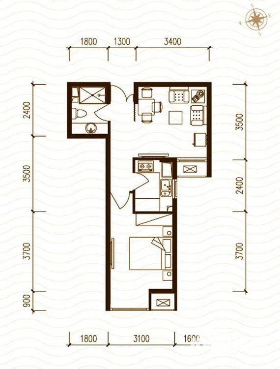 富民河畔家园1室1厅1卫51.2㎡户型图