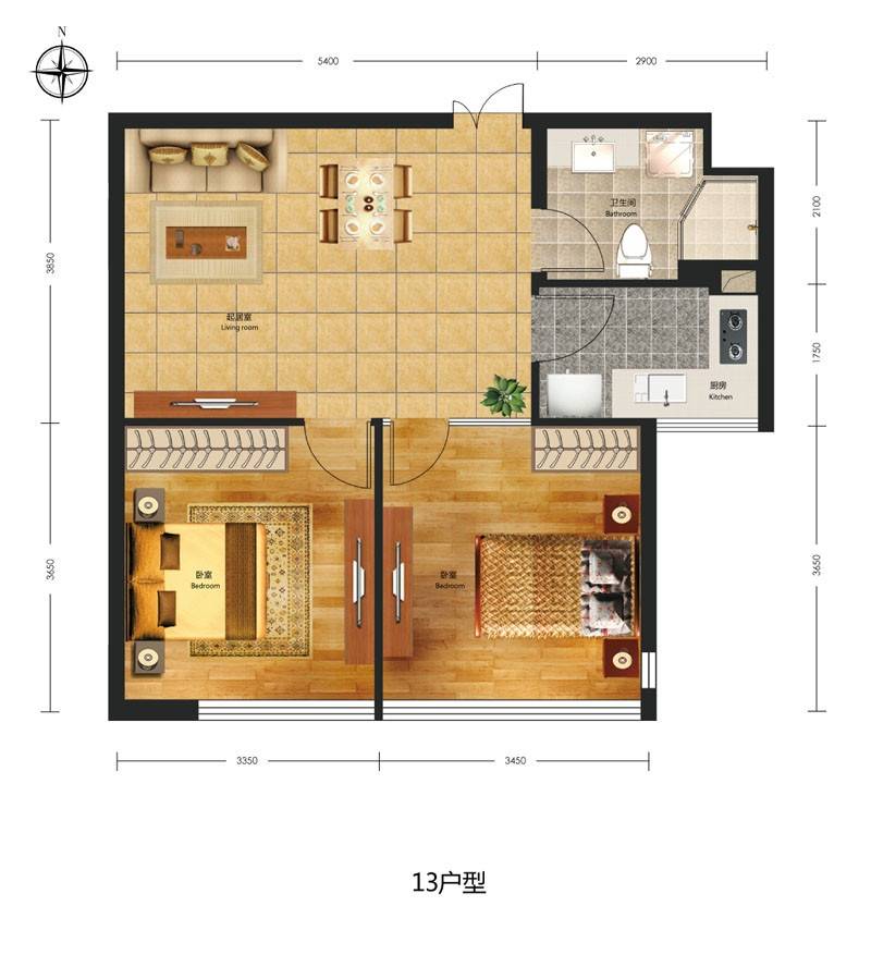 融创奥城天玺2室1厅1卫75.3㎡户型图