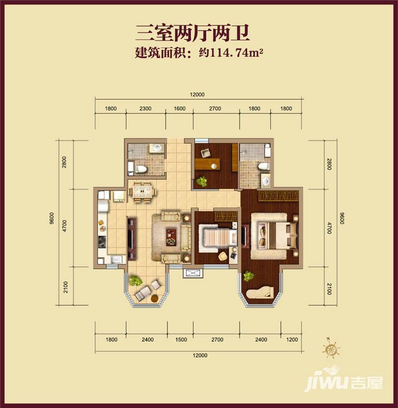 合生君景湾3室2厅2卫114.7㎡户型图