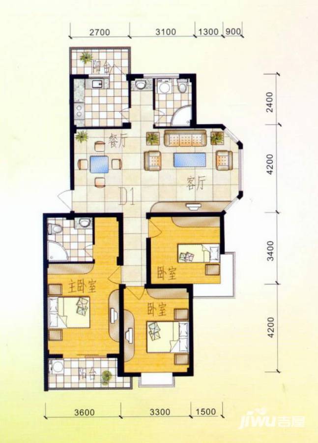 西都绿洲3室2厅1卫117㎡户型图