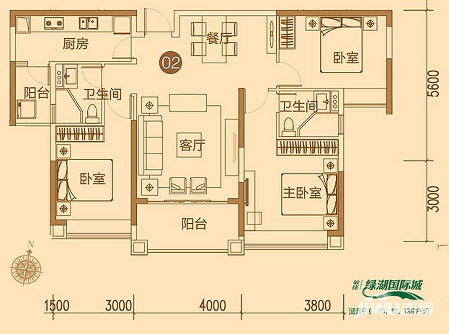 绿湖国际城户型图 06,10,12,13栋02单位 114㎡