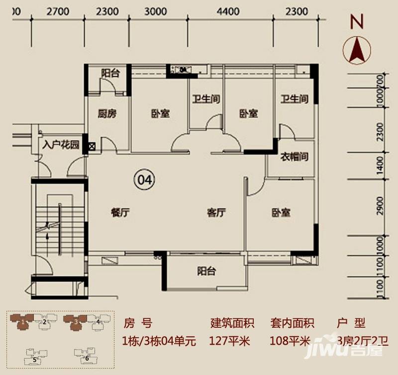 越秀·可逸江畔(商用)3室2厅2卫136㎡户型图