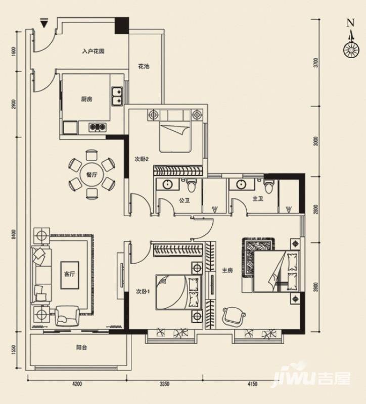 云山名都3室2厅1卫138㎡户型图