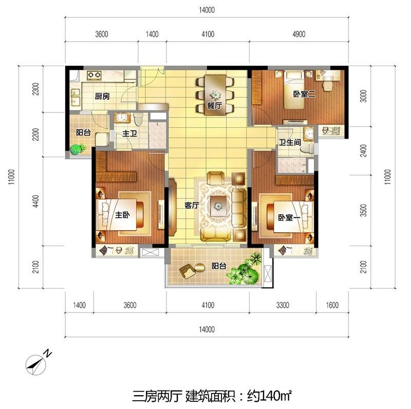 时代南湾3室2厅2卫133㎡户型图