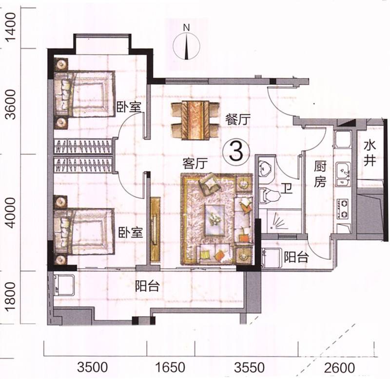 富力金港城普通住宅83㎡户型图